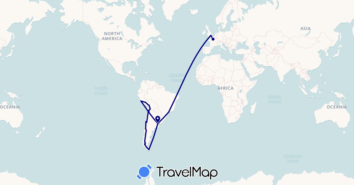 TravelMap itinerary: driving in Argentina, Bolivia, Brazil, Chile, France, United Kingdom, Peru (Europe, South America)